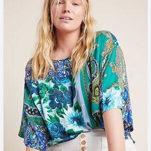Anthropologie Elegant Floral Women's Blouse - Blue and Green